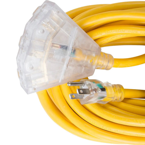 Extra Heavy Duty Outdoor Triple Tap Extension Cord 100 Foot 12 Gauge 15 Amp 125 Volt Yellow Weather Resistant SJTW