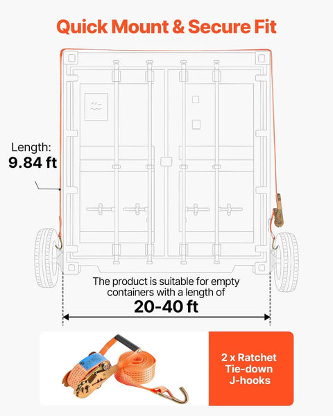 Tough As Nails 8 Lug Shipping Container Wheel Kit with ratchet tie-downs for securing 20 to 40 foot units, includes 9.84 ft strap.