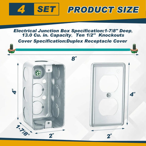 Four Metal Electrical Boxes Kit With Exposed Work Covers, Ground Wires And Screws, Deep One And A Half Inches, 21 Cubic Inches Capacity, Half Inch Knockouts, Galvanized Junction Boxes For Wall Outlets And Switches; 4-pack with cover