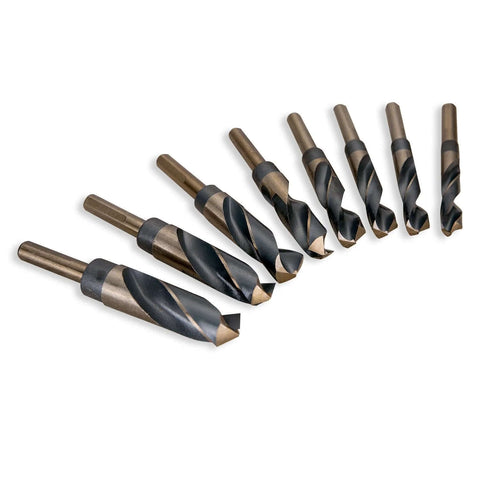 EFFICERE 8-piece drill bit set with 1/2-in. reduced shank, M2 high-speed steel, bronze and black bits laid in a row