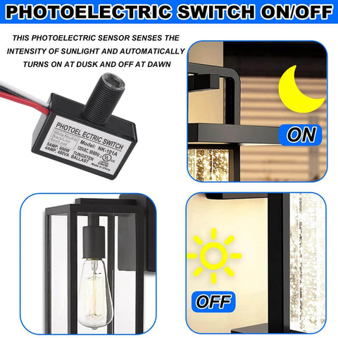 Dusk To Dawn Auto On Off Outdoor Lighting Sensor Switch, 105V-130V AC Photocell With Photoelectric Control, showing light on/off