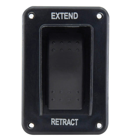 Hassle Free Mounts To Any RV Wall For Awnings Slide Outs And Leveling Jacks Direct Wire Forward Reverse Control Center Off Momentary Switch front view with extend and retract labels.