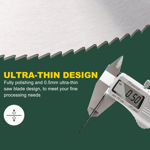 Close-up of HSS Saw Blade 2 Inch Mini Circular Blade With 0.5mm Kerf And 100 Teeth, showing digital caliper measuring 0.5mm thickness.