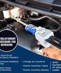 High Temperature Aluminum Radiator Repair Epoxy Kit For Metal And Automotive Fixes, 2oz shown being applied in engine bay.