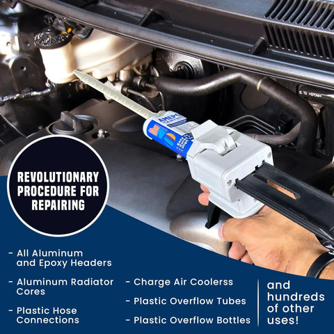 High Temperature Aluminum Radiator Repair Epoxy Kit For Metal And Automotive Fixes, 2oz shown being applied in engine bay.