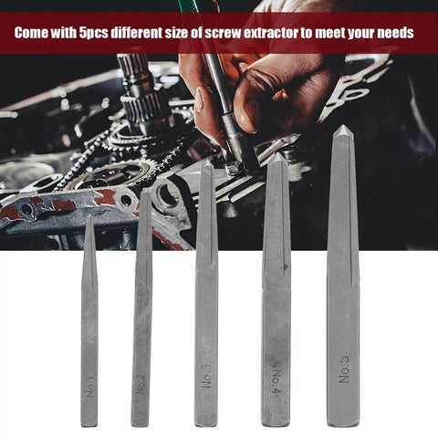 Premium 5 Pc Set Square Easy Out Bolt Extractors For Effortless Removal Of Stripped Screws And Broken Studs This Versatile Tool Makes Any DIY Job A Breeze By Grabbing Damaged Fasteners Like A Pro. 5-piece carbon steel screw extractors, sizes No.1 to No.5
