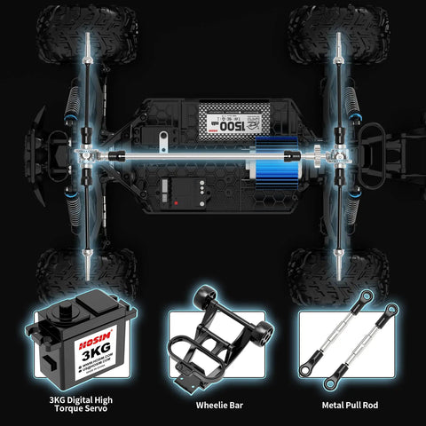 1 To 10 Scale RC Monster Truck With 4x4 All Terrain Off Road Wheels Waterproof Electric RC Car With LED Lights chassis view