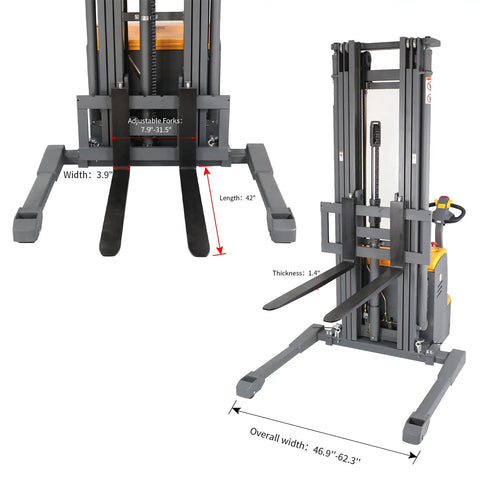 No Sweat Full Electric Stacker Forklift with adjustable forks, 3300 lb capacity, for tight warehouse zones.