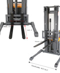 Heavy Duty Electric Pallet Stacker Featuring A Killer 3300 Pound Lift And A Rock Solid 220 Inch Reach Crafted For Fast Warehouse Work showing adjustable forks and dimensions.