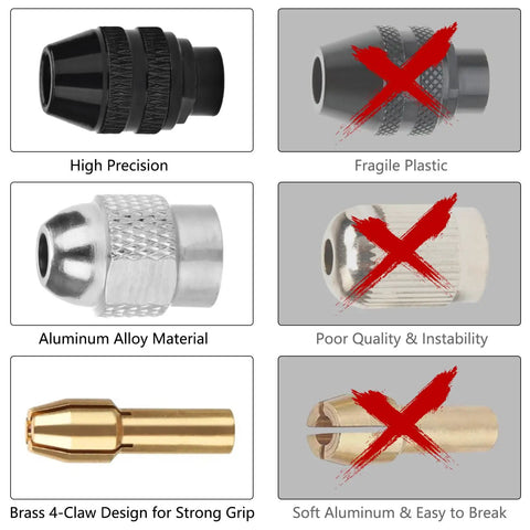 Comparison of high precision aluminum alloy and brass collet in keyless drill chuck set versus fragile, inferior materials.