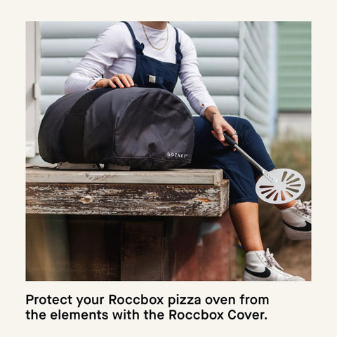 Roccbox Portable Pizza Oven Cover Made With 900D Waterproof Fabric For All Weather Outdoor Use Heavy Duty Transport Strap In Use