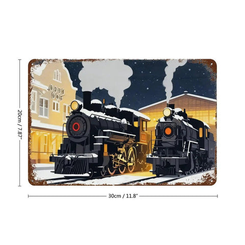 Retro Old School Winter Steam Train Station Tin Sign Metal Wall Decor Plaque For Home Cabin Living Room Entryway 8x12 Inch