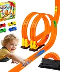 Flexible Roll Up Race Track For Kids Outdoor Toys with loops, diecast cars, child playing, and packaging shown.