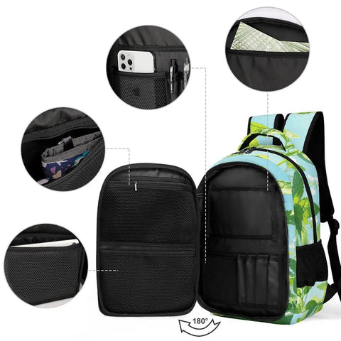 Dewy Mint White Flower Printed Unisex Backpack Dope With Large Capacity Durable Polyester Build showing open compartments