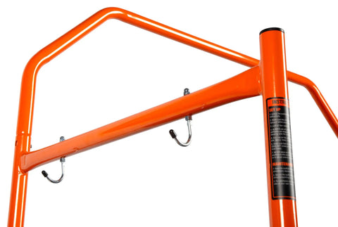 Built Different 4 Foot Portable Rolling Scaffolding Platform With 500 Pound Capacity And Tight Locking Casters Features A smooth orange frame and hooks for safety