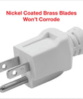 Close-up of nickel coated brass contacts on 12 Foot Indoor Outdoor Extension Cord With 16 3 SJTW Heavy Duty Water And Weather Resistant Grounded 3 Prong Plug Nickel Coated Brass Contacts White 13A 125V 1625W.