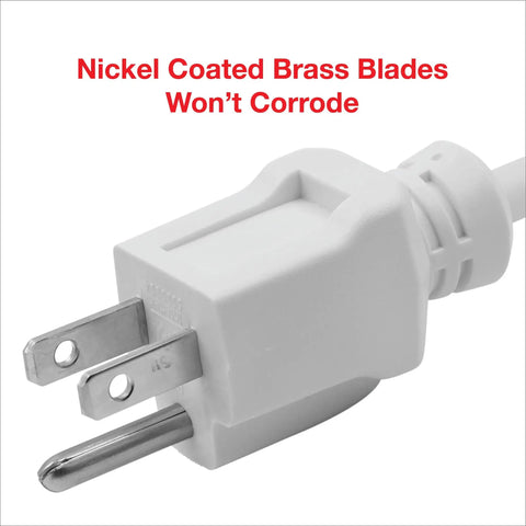 Close-up of nickel coated brass contacts on 12 Foot Indoor Outdoor Extension Cord With 16 3 SJTW Heavy Duty Water And Weather Resistant Grounded 3 Prong Plug Nickel Coated Brass Contacts White 13A 125V 1625W.