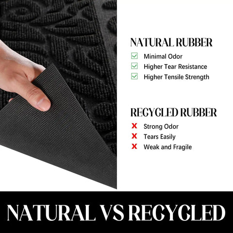 Comparison of welcome mat material, showing texture and durability between natural and recycled rubber options.