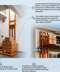 Must-Have Heavy Duty Freight Lift With 2200 Lbs Capacity Electric Cargo Elevator Remote Control Platform Hoist Hydraulic Material Handler For Warehouse Garage Factory Safety Rail with boxes inside warehouse.