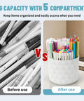 Comparison of pen clutter "Before use" and tidy setup with 360 Degree Rotating Pen Organizer With Diamond Like Design Five Compartment Desk Organizer "After use"