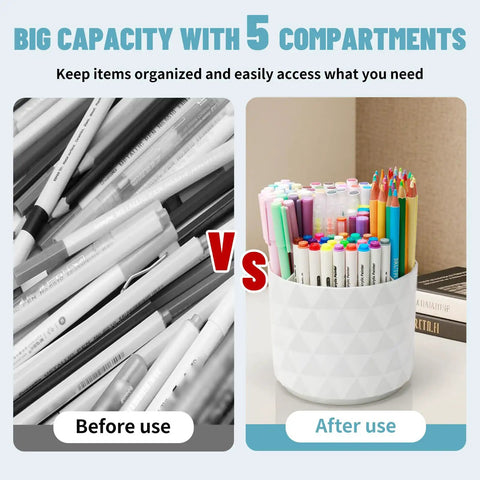 Comparison of pen clutter "Before use" and tidy setup with 360 Degree Rotating Pen Organizer With Diamond Like Design Five Compartment Desk Organizer "After use"