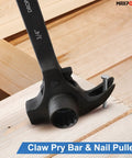 Heavy Duty Scaffold Ratchet Wrench With Double Ended Three Quarter And Seven Eighth Inch Sockets Spud Podger close-up on claw pry bar