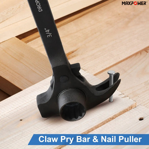 Heavy Duty Scaffold Ratchet Wrench With Double Ended Three Quarter And Seven Eighth Inch Sockets Spud Podger close-up on claw pry bar