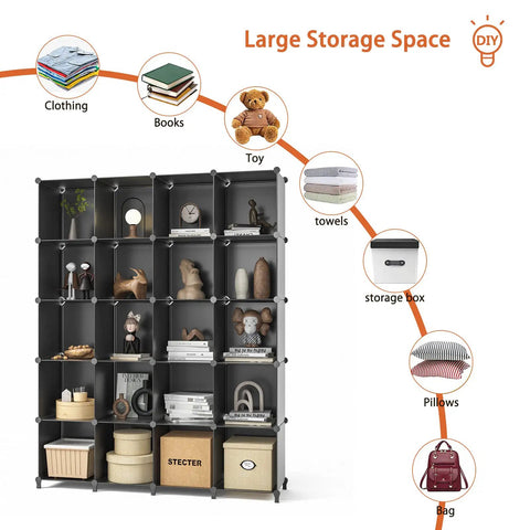 20 Cube Closet Organizer Storage System for Bedroom and Wardrobe, shelving unit with various items like toys and bags in cubes