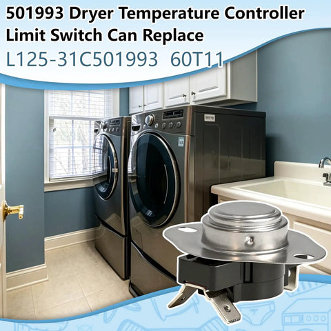 Dryer Thermostat Limit Switch Replacement 501993 60T11 L125-31C Black Easy Install shown in a laundry room setting