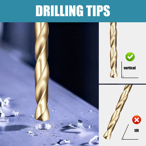 Cobalt Drill Bit Set 13 Piece One Sixteenth To One Quarter Inch M35 High Speed Steel Twist Jobber Bits in use drilling metal