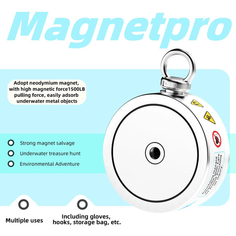 Magnetpro 3000LB double-sided magnet fishing kit with 65ft rope, ring magnet, carabiner, gloves, grappling hook, carry case