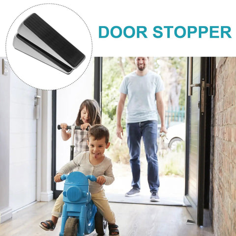 2 Pack No Drill Door Stop Wedges For Home And Office, Heavy Duty Zinc Alloy And Rubber showcased with family inside door