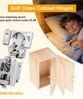 2 Pack 1/2 Inch Overlay Soft Close Cabinet Hinges With Clip On Plate, showing hinge and cabinet diagram with child sleeping