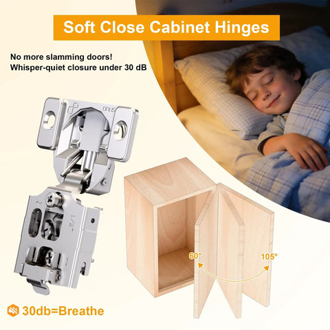 2 Pack 1/2 Inch Overlay Soft Close Cabinet Hinges With Clip On Plate, showing hinge and cabinet diagram with child sleeping