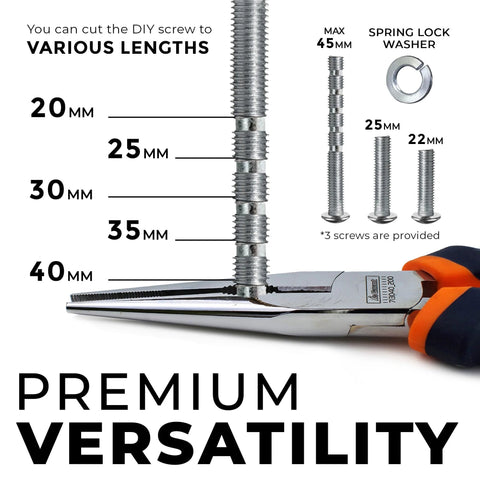 Screw with adjustable lengths from 20mm to 40mm shown with pliers, spring lock washer, and additional screws for premium versatility.