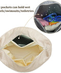 Interior view of Large 36L Waterproof Beach Tote Bag For Women With Zipper Wet Pocket, showing storage capability for wet items.