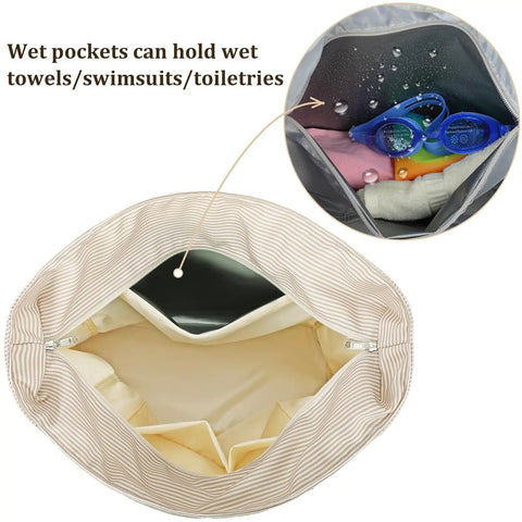 Interior view of Large 36L Waterproof Beach Tote Bag For Women With Zipper Wet Pocket, showing storage capability for wet items.