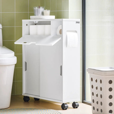 Slim Toilet Storage Cart With Wheels For Narrow Spaces 3 Tier Organizer For Toilet Paper Rolls White Finish Bathroom