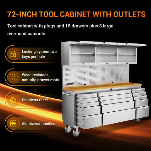 72 Inch Rolling Tool Chest Cabinet With 15 Drawers On Wheels Mobile Workbench Stainless Steel Pegboard Four Power Outlets And Two USB Ports Heavy Duty Garage Organizer For Shop Warehouse And Workshop Needs