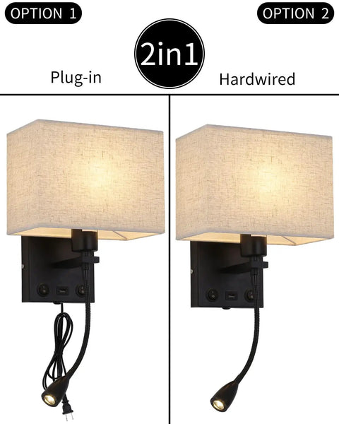 2-in-1 Plug In Black Wall Sconce With USB Port For Charging, Bedside Reading Lamp In Farmhouse Style, LED Wall Light With On Off Switch