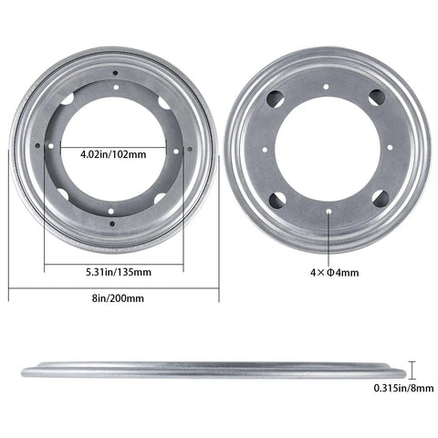 Heavy Duty Eight Inch Lazy Susan Round Swivel Turntable With Solid Steel Build shown from top and side view with dimensions.