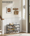 Three Tier Shoe Rack Organizer For Entryway With No-Fuss Space Saving Metal Frame And Non Woven Fabric Shelves, Black Shoe Storage Unit in hallway.