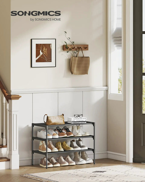 Three Tier Shoe Rack Organizer For Entryway With No-Fuss Space Saving Metal Frame And Non Woven Fabric Shelves, Black Shoe Storage Unit in hallway.