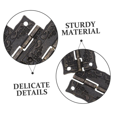 Close-up of vintage bronze cabinet hinges with intricate details, sturdy material for wooden boxes, jewelry chests, and DIY projects.