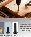 Pro Grade Wood Furniture Hardware Kit With 40 1/4-20 Threaded Inserts, bolts, 9mm drill bit, hammer on wood surface