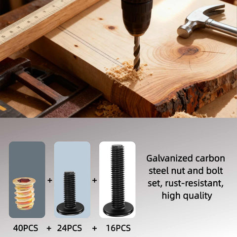 Pro Grade Wood Furniture Hardware Kit With 40 1/4-20 Threaded Inserts, bolts, 9mm drill bit, hammer on wood surface