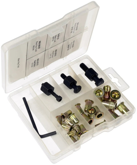 Pro Grade Rivet Nut And Hand Tool Kit With 26 Piece Tray showing rivet nuts in 10-24, 1/4-20, 5/16-18, easy install set.