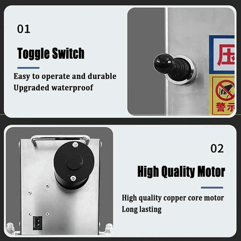 Heavy Duty Electric Pizza Dough Press Machine Stainless Steel Roll Out Tool showing toggle switch and quality motor details.