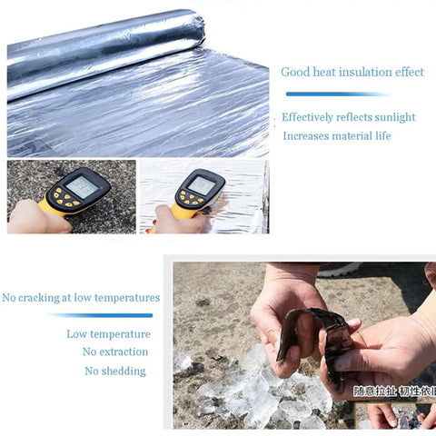 Pro Level Aluminum Foil Bitumen Tape Self Adhesive Waterproof Roof Underlayment Roll showing insulation properties and temperature testing.