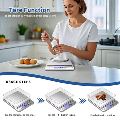 Woman using Ultra Precise Mini Digital Kitchen Scale For Cookin, Jewelry, Baking And Soap Making, 0.01 G And 0.001 OZ Precision